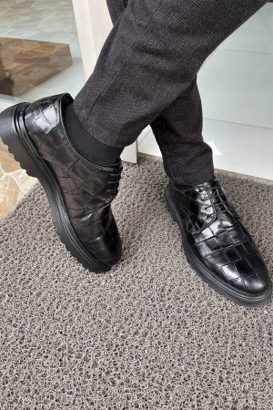 Nazef Eva Taban Bağcıklı Kroko Deri Siyah Günlük Ayakkabı