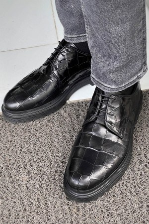 Nazef Eva Taban Bağcıklı Kroko Deri Siyah Günlük Ayakkabı