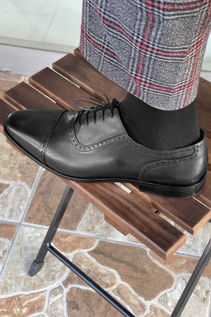 Nazef Neolit Taban Bağcıklı Deri Siyah Klasik Ayakkabı