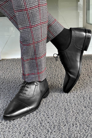 Nazef Neolit Taban Bağcıklı Deri Siyah Klasik Ayakkabı