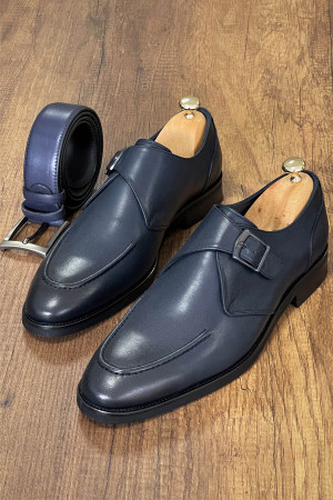 Nazef Neolit Taban Tek Toka Detaylı Deri Lacivert Klasik Ayakkabı