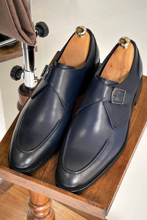 Nazef Neolit Taban Tek Toka Detaylı Deri Lacivert Klasik Ayakkabı