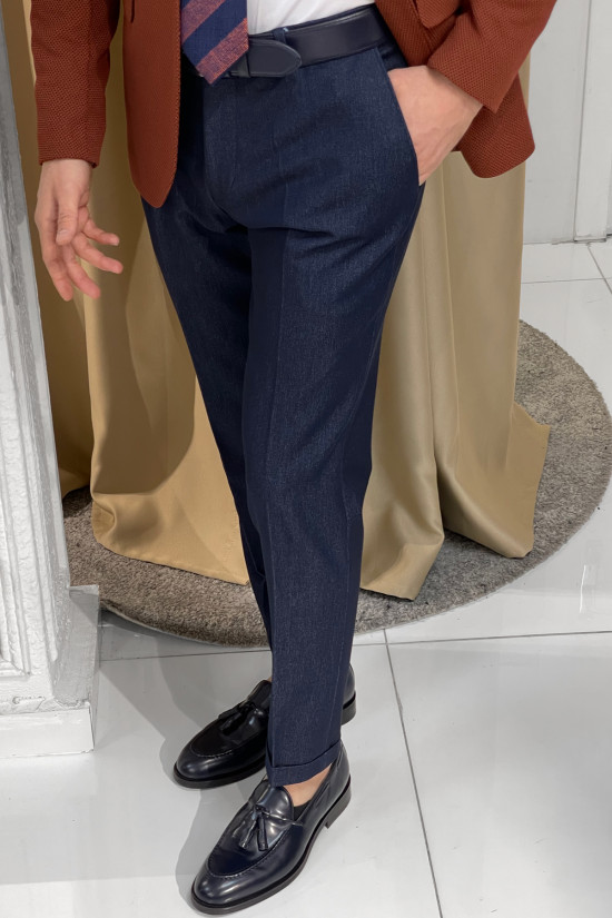Nazef Özel Üretim Dar Kesim Yan Cep Likralı Lacivert Kumaş Pantolon ( En boy Likralıdır ) 