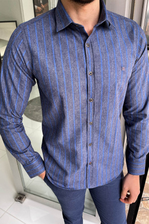 Nazef Dar Kesim İndigo Çizgili Pamuk Gömlek