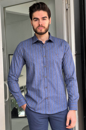 Nazef Dar Kesim İndigo Çizgili Pamuk Gömlek