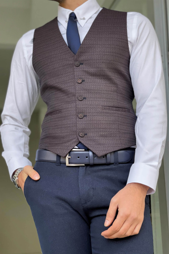 Nazef Dar Kesim Lacivert Desenli Yün Yelek