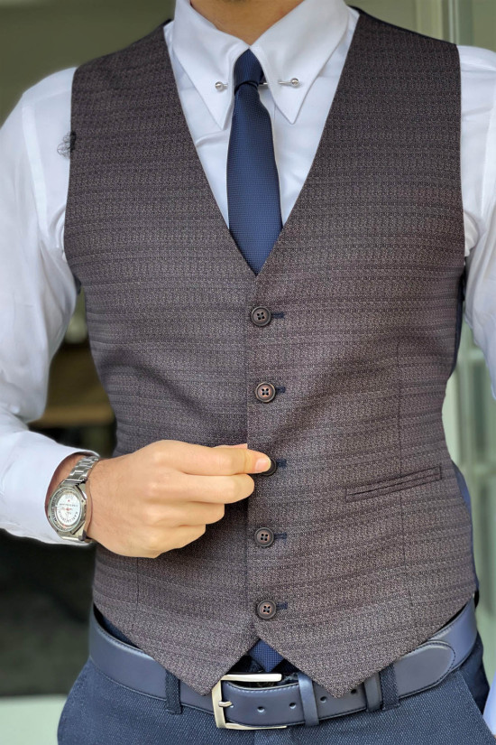 Nazef Dar Kesim Lacivert Desenli Yün Yelek