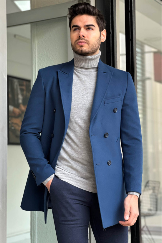 Nazef Dar Kesim İndigo Kruvaze Yün Kaban