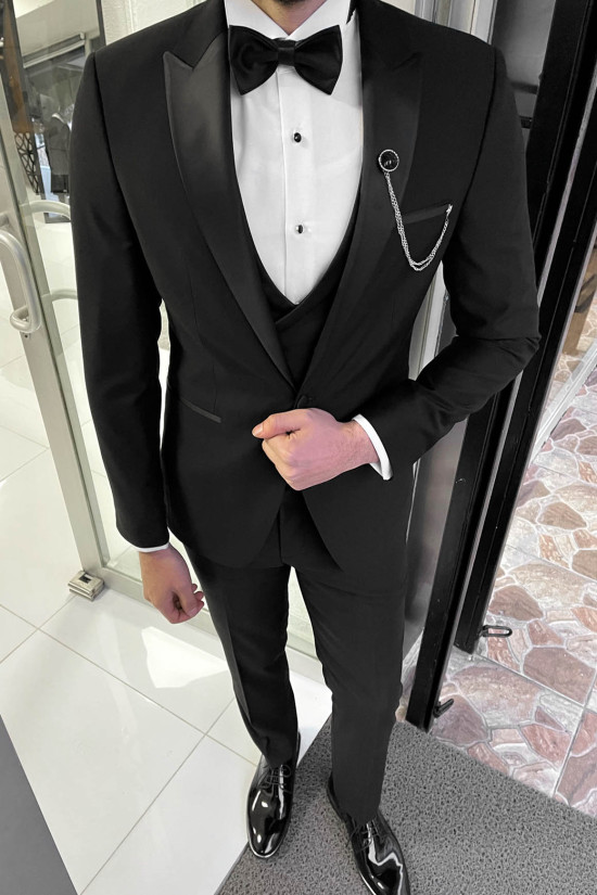 Nazef Dar Kesim Kırlangıç Yaka Damatlık Yelekli Siyah Takım Elbise