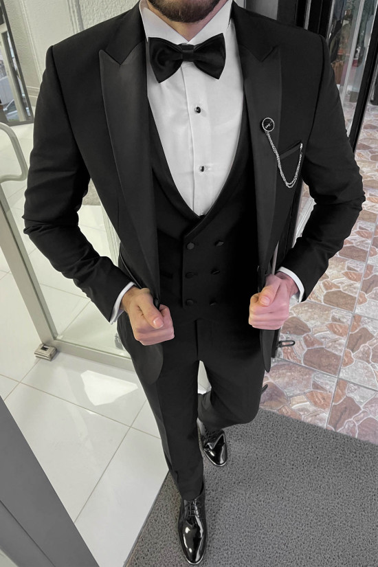 Nazef Dar Kesim Kırlangıç Yaka Damatlık Yelekli Siyah Takım Elbise